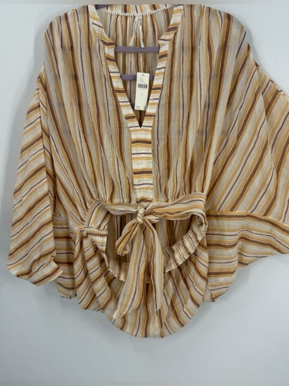 Anthropologie Neutral Striped Dolman Sleeve Tie-Front Blouse Oversized L NWOT 🌼